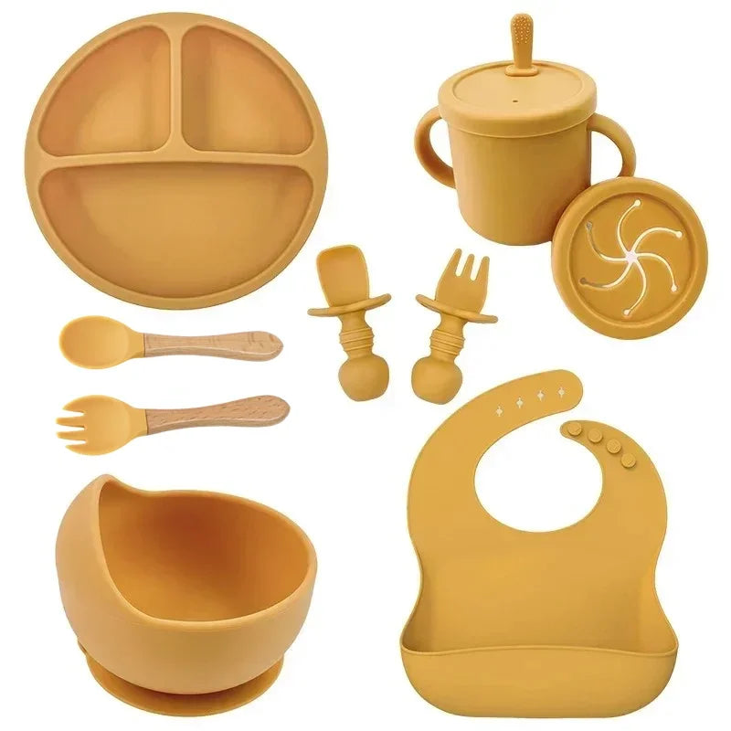 Food Grade Silicone Baby Feeding Set – Suction Bowl, Plate, Straw Cup & Wooden Spoon