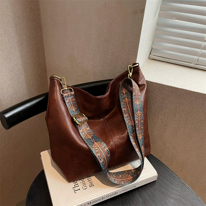 Sac à bandoulière vintage en cuir PU pour femme, grande capacité, fourre-tout style hobo, avec large bandoulière, décontracté, à porter en travers du corps, sac à main quotidien de qualité