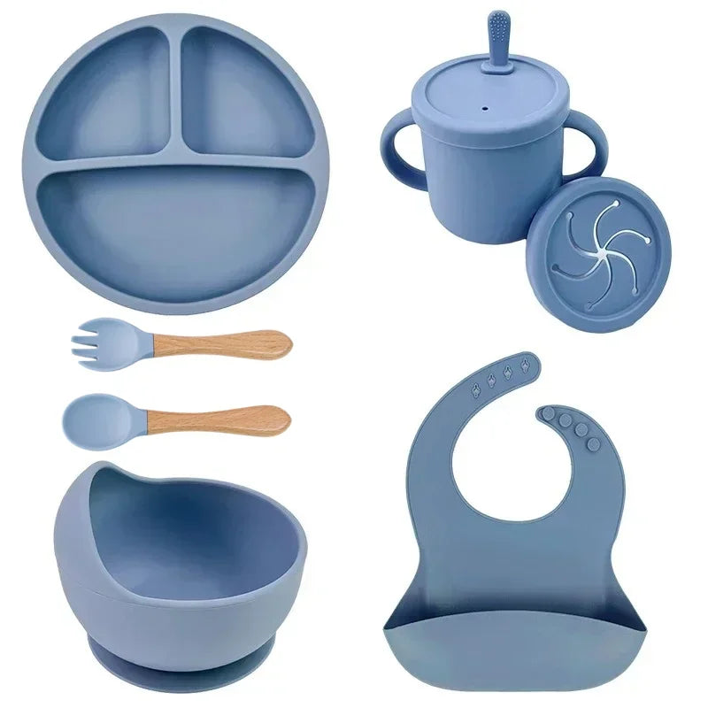 Food Grade Silicone Baby Feeding Set – Suction Bowl, Plate, Straw Cup & Wooden Spoon