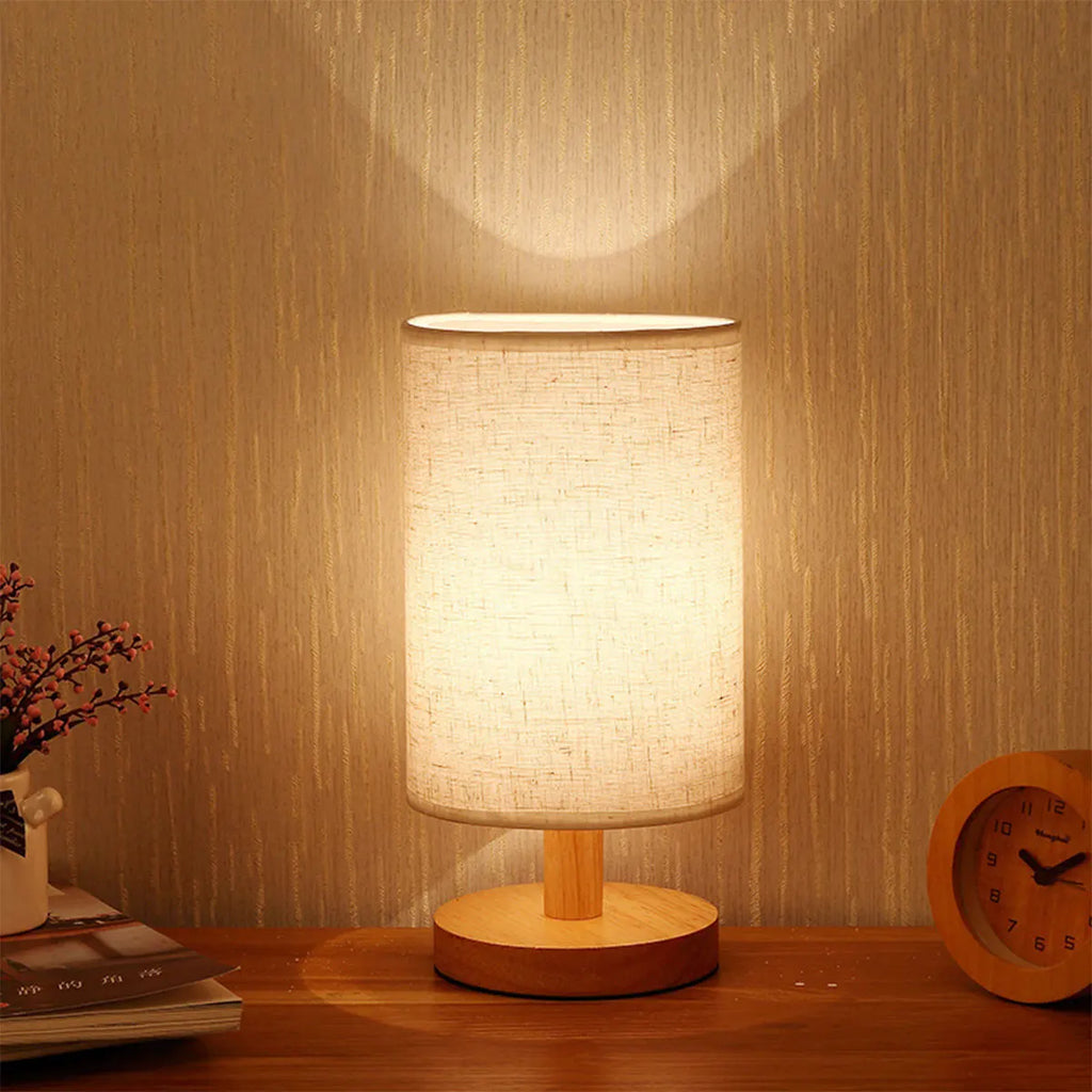 Lampe de chevet USB Veilleuses Lampe de table pour chambre Lampe de bureau en bois Veilleuse de chevet avec abat-jour cylindrique Décoration d'intérieur
