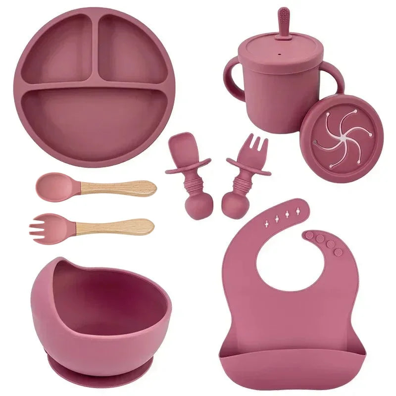 Food Grade Silicone Baby Feeding Set – Suction Bowl, Plate, Straw Cup & Wooden Spoon