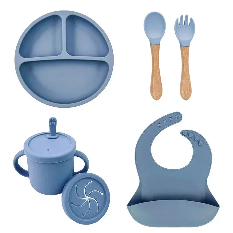 Food Grade Silicone Baby Feeding Set – Suction Bowl, Plate, Straw Cup & Wooden Spoon