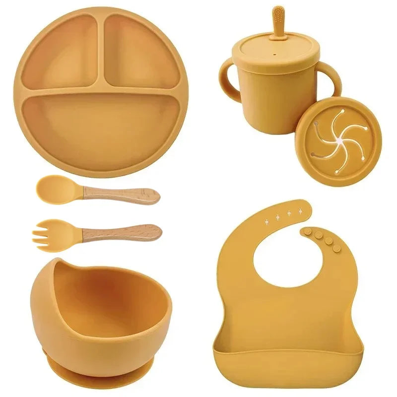 Food Grade Silicone Baby Feeding Set – Suction Bowl, Plate, Straw Cup & Wooden Spoon