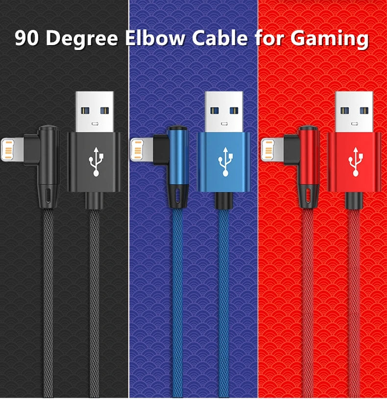 Câble USB de charge rapide coudé à 90 degrés pour iPhone 13 14 Pro Max 11 12 mini X XR XS 6S 7 8 Plus Câble de charge pour jeux sans obstruction