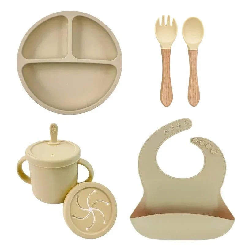 Food Grade Silicone Baby Feeding Set – Suction Bowl, Plate, Straw Cup & Wooden Spoon