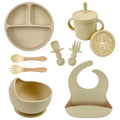 Food Grade Silicone Baby Feeding Set – Suction Bowl, Plate, Straw Cup & Wooden Spoon