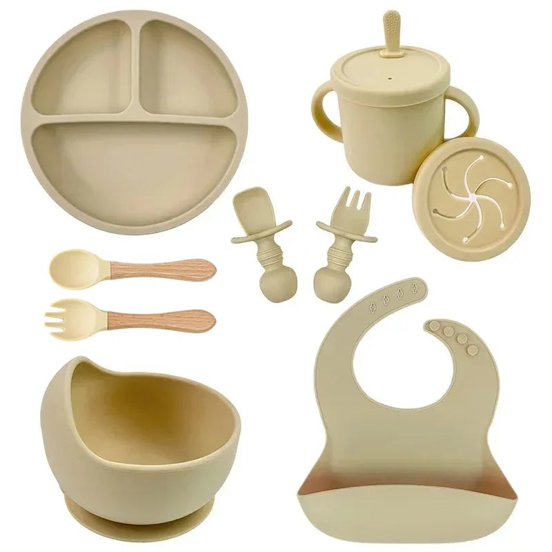 Food Grade Silicone Baby Feeding Set – Suction Bowl, Plate, Straw Cup & Wooden Spoon