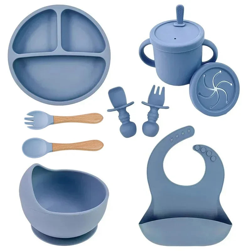 Food Grade Silicone Baby Feeding Set – Suction Bowl, Plate, Straw Cup & Wooden Spoon