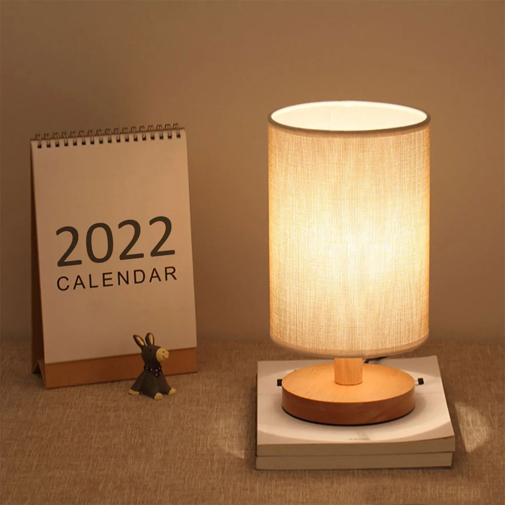 Lampe de chevet USB Veilleuses Lampe de table pour chambre Lampe de bureau en bois Veilleuse de chevet avec abat-jour cylindrique Décoration d'intérieur