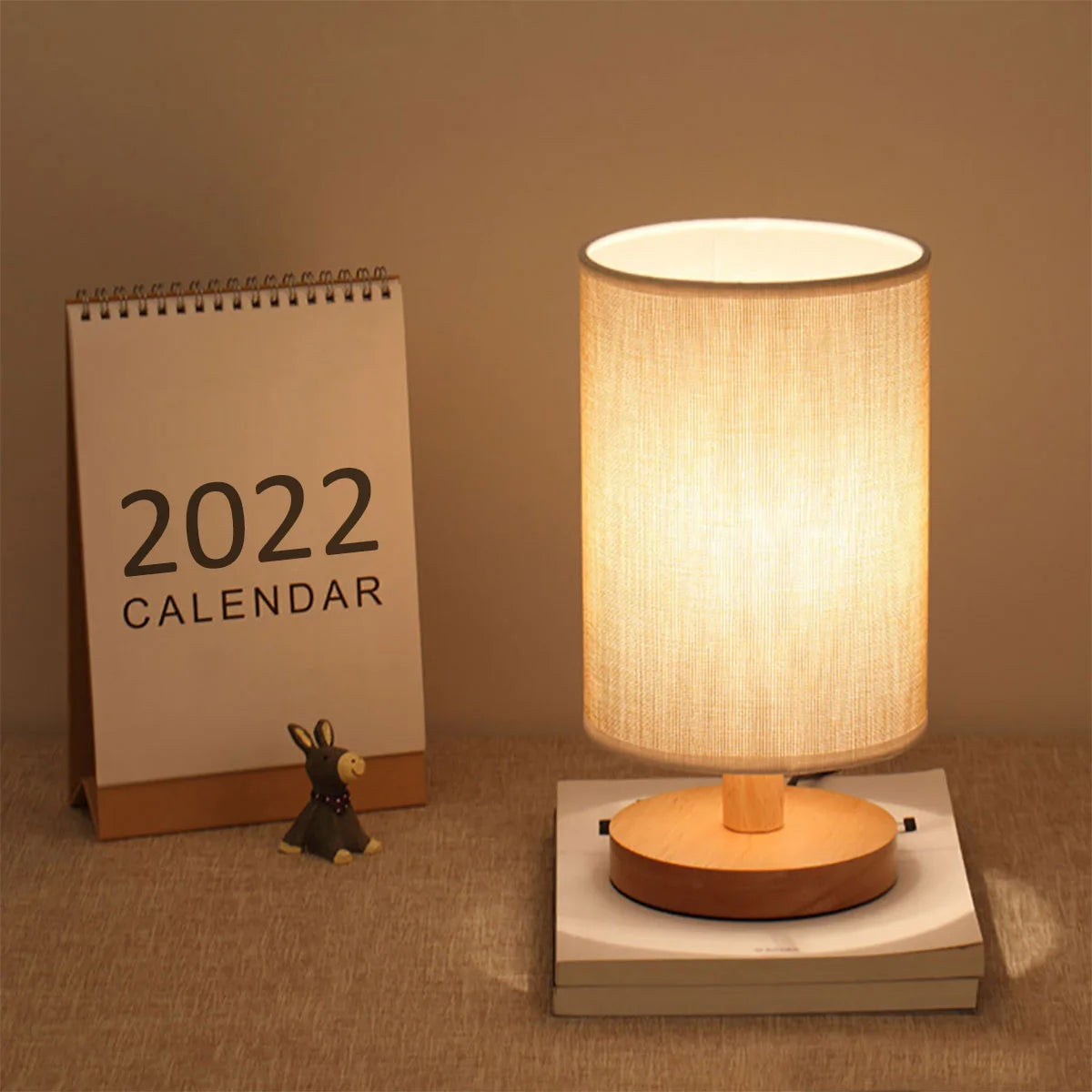 Lampe de chevet USB Veilleuses Lampe de table pour chambre Lampe de bureau en bois Veilleuse de chevet avec abat-jour cylindrique Décoration d'intérieur