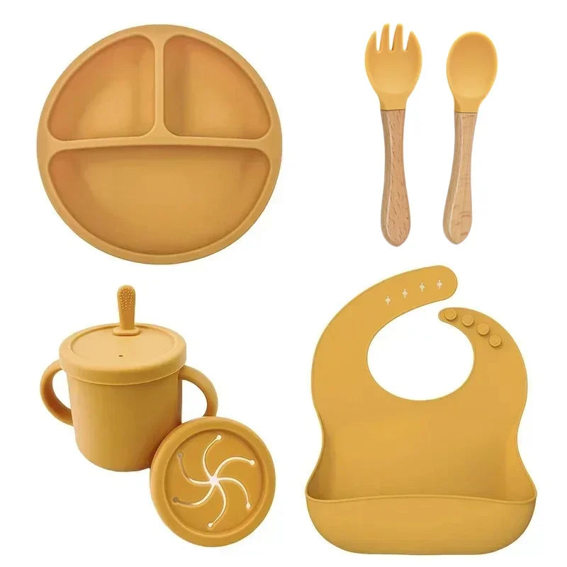 Food Grade Silicone Baby Feeding Set – Suction Bowl, Plate, Straw Cup & Wooden Spoon