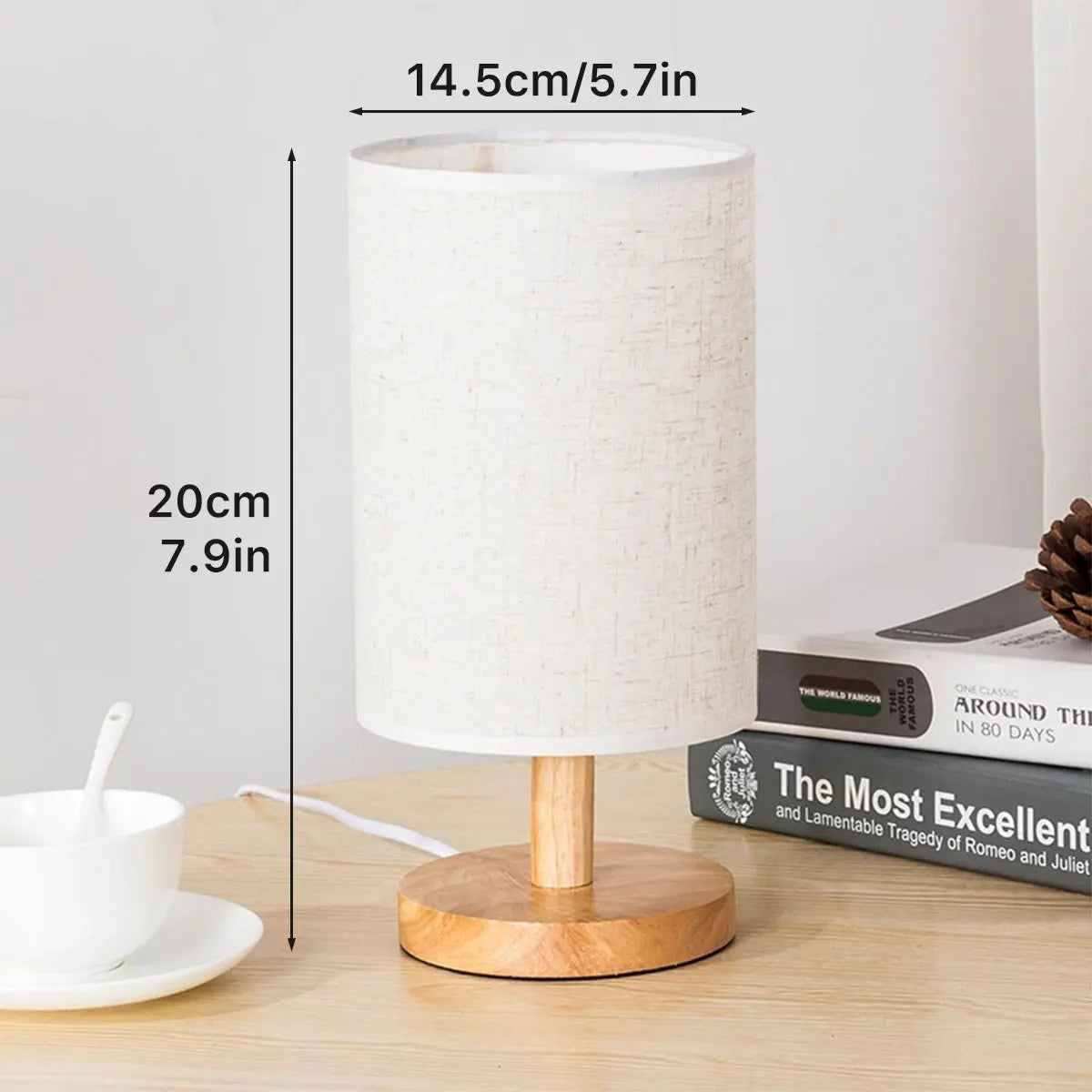 Lampe de chevet USB Veilleuses Lampe de table pour chambre Lampe de bureau en bois Veilleuse de chevet avec abat-jour cylindrique Décoration d'intérieur
