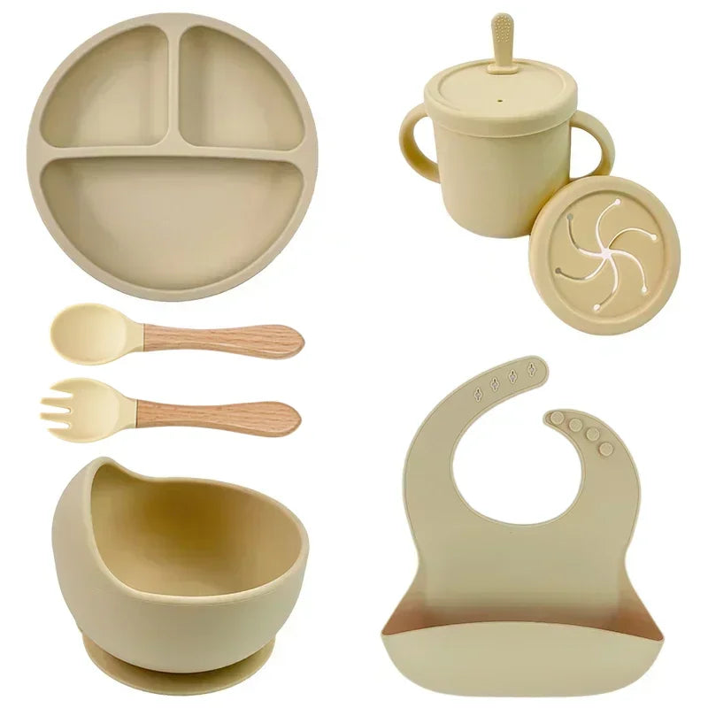Food Grade Silicone Baby Feeding Set – Suction Bowl, Plate, Straw Cup & Wooden Spoon