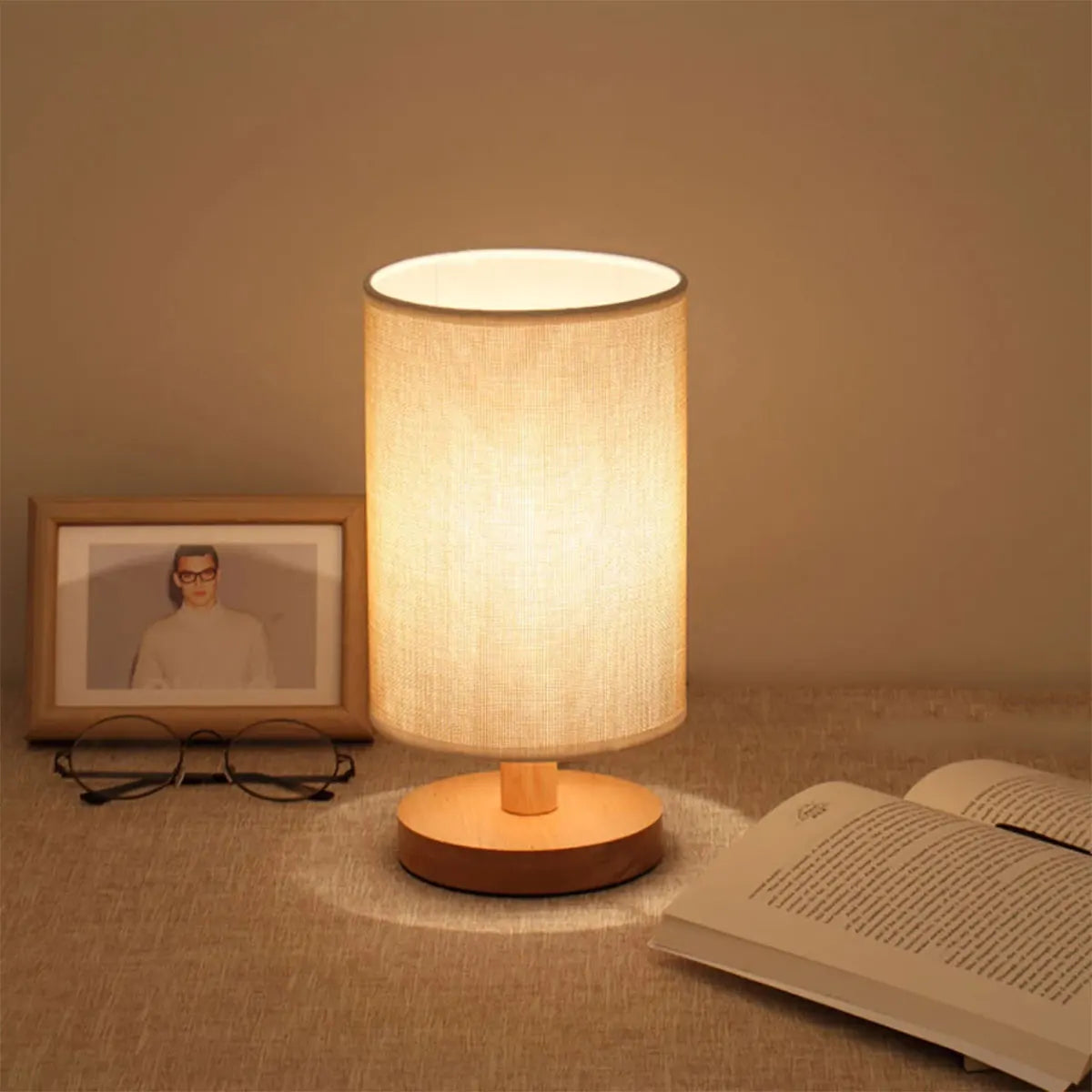 Lampe de chevet USB Veilleuses Lampe de table pour chambre Lampe de bureau en bois Veilleuse de chevet avec abat-jour cylindrique Décoration d'intérieur