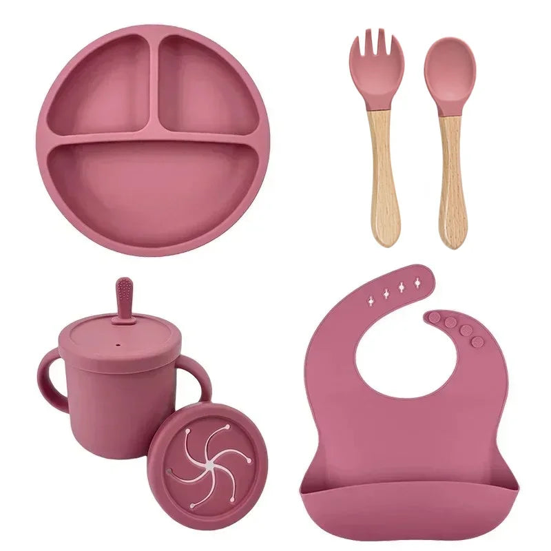Food Grade Silicone Baby Feeding Set – Suction Bowl, Plate, Straw Cup & Wooden Spoon