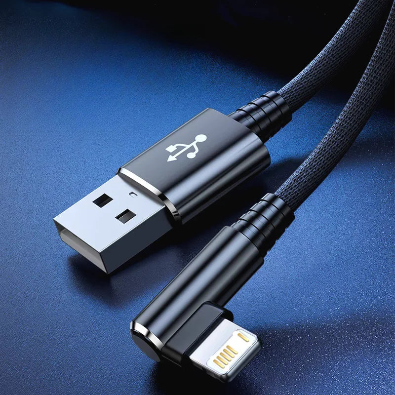 Câble USB de charge rapide coudé à 90 degrés pour iPhone 13 14 Pro Max 11 12 mini X XR XS 6S 7 8 Plus Câble de charge pour jeux sans obstruction