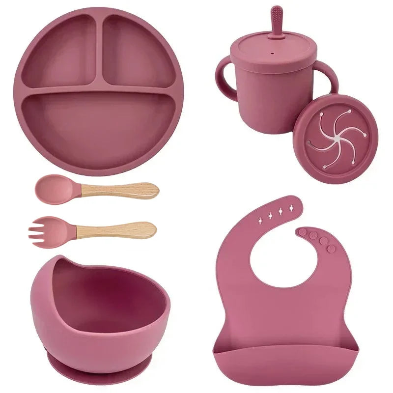 Food Grade Silicone Baby Feeding Set – Suction Bowl, Plate, Straw Cup & Wooden Spoon